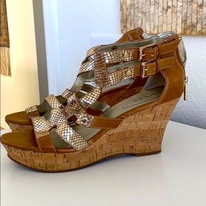 GUESS Strappy Gold Shoe With Cork Wedge